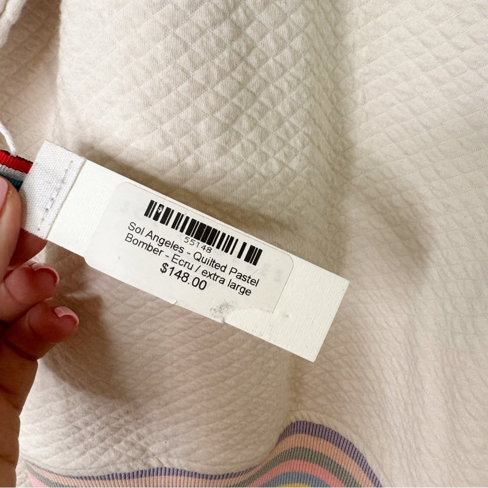 NWT SOL ANGELES Quilted Pastel Bomber Jacket in Ecru with rainbow bands XL - Picture 8 of 9